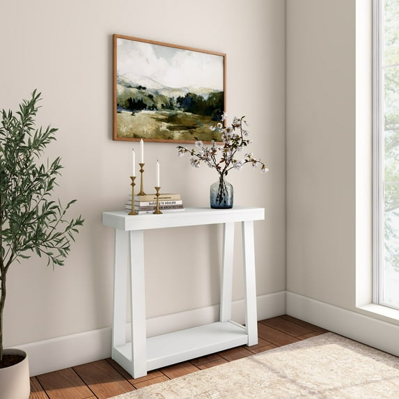 Plank+Beam 36” Solid Wood Console Table with Storage, Classic Farmhouse Style Sofa Table with Shelf, Narrow Entryway Table for Hallway, White