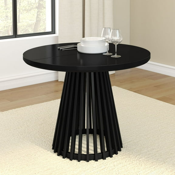 Plank+Beam 38" Lido Round Dining Table, Solid Wood Minimalist Kitchen Table for 4, Black