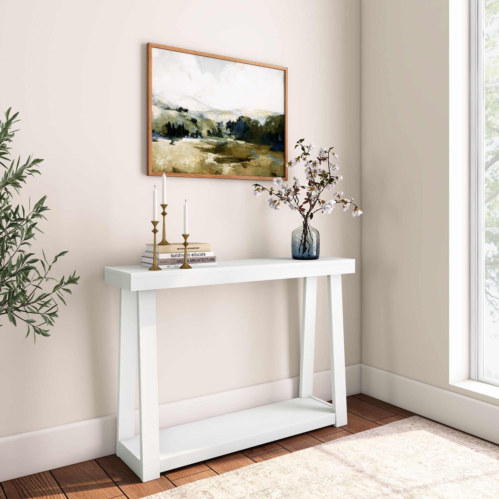 White Solid Wood Console Table with Storage Shelf, 46.25 Inch