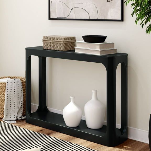 Plank Beam 46" Forma Console Table, Solid Wood Rounded Edge Sofa Table with Storage Shelves, Narrow Entryway Table, Black