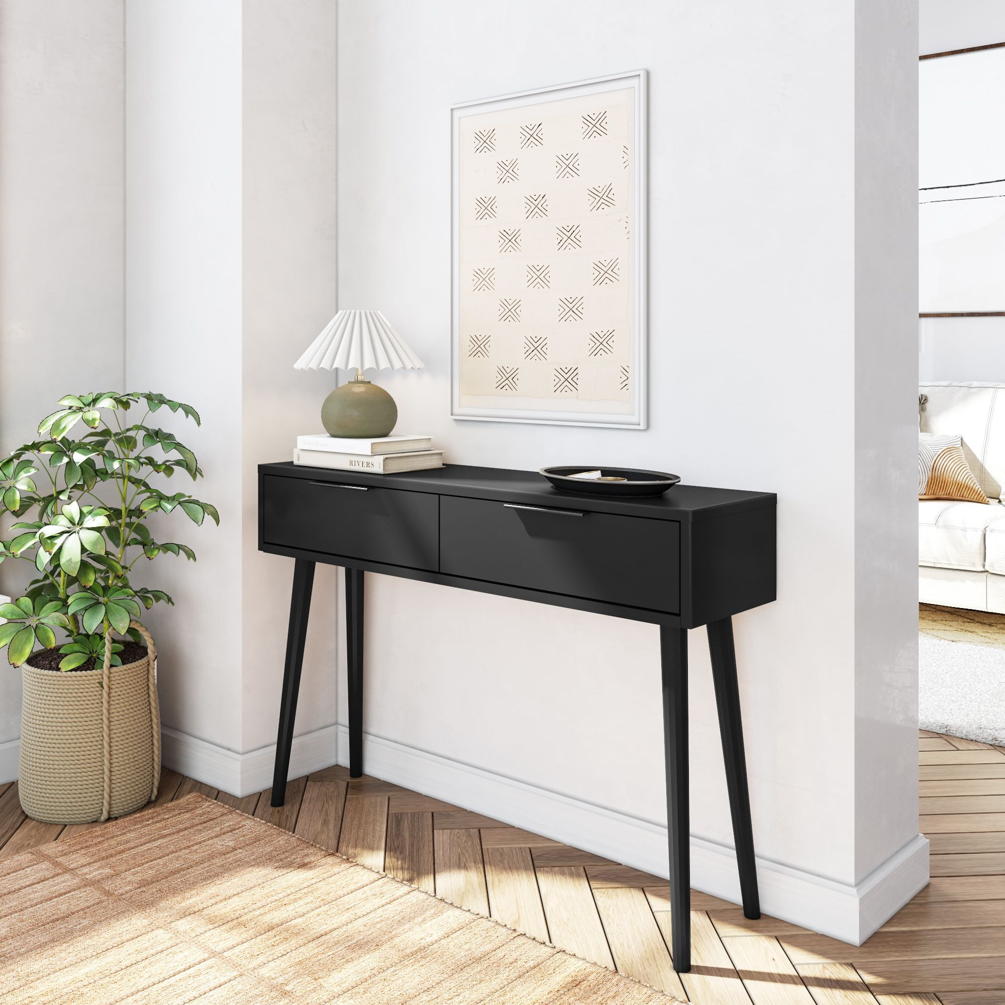 Black Solid Wood Mid Century Modern Console Table with Storage
