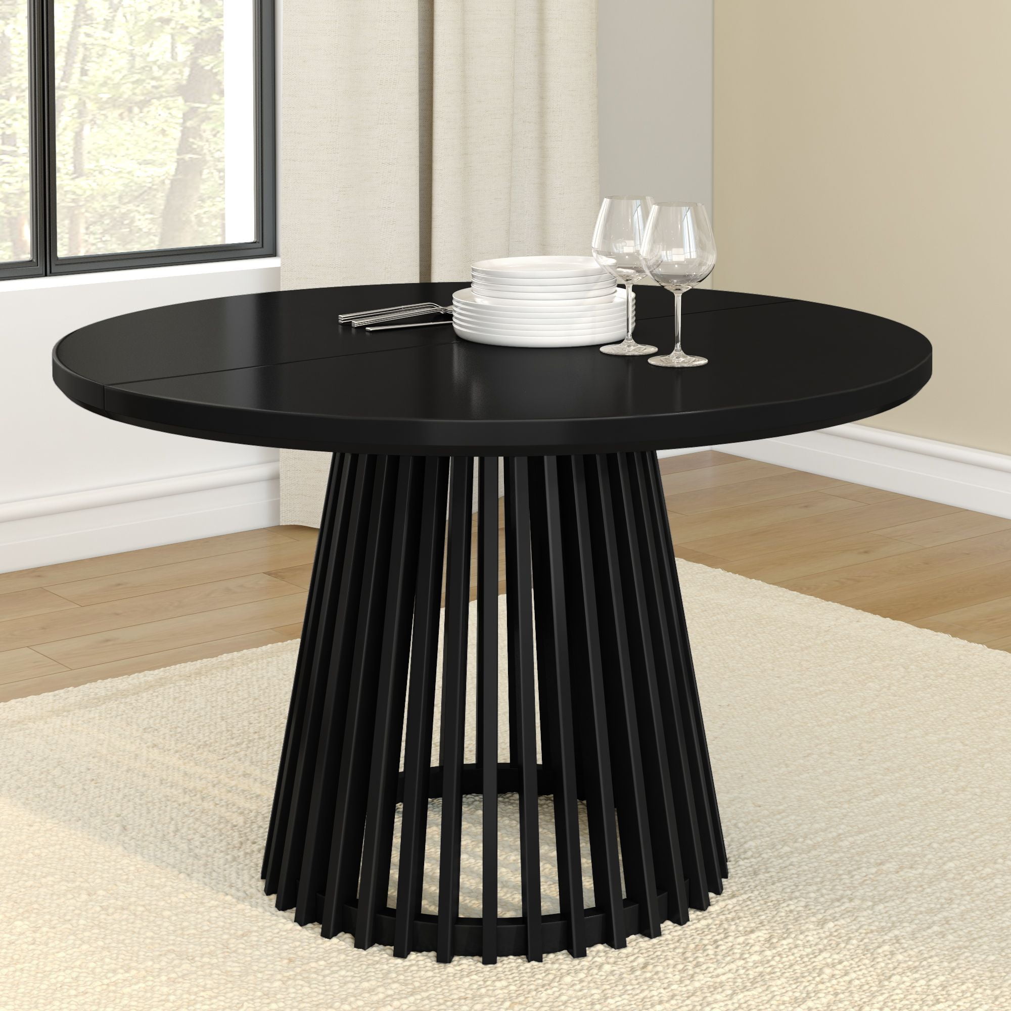 Plank+Beam 48" Lido Round Dining Table, Solid Wood Minimalist Kitchen Table for 4, Black