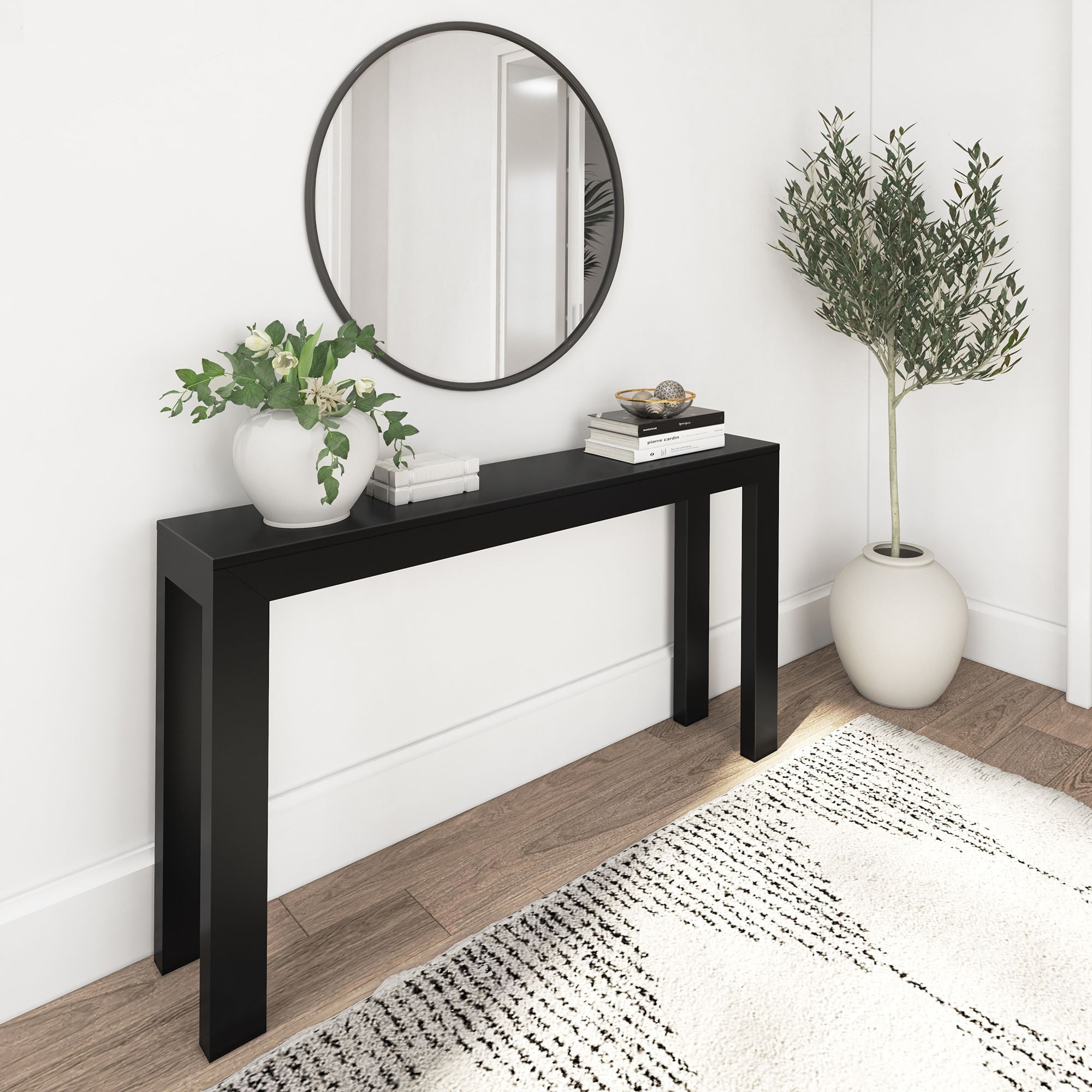Black Solid Pine Wood 56" Console Table with Storage