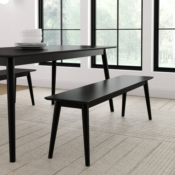 Plank+Beam 59" Mid Century Modern Solid Wood Dining Bench, Entryway Bench, Dining Room Bench, Black