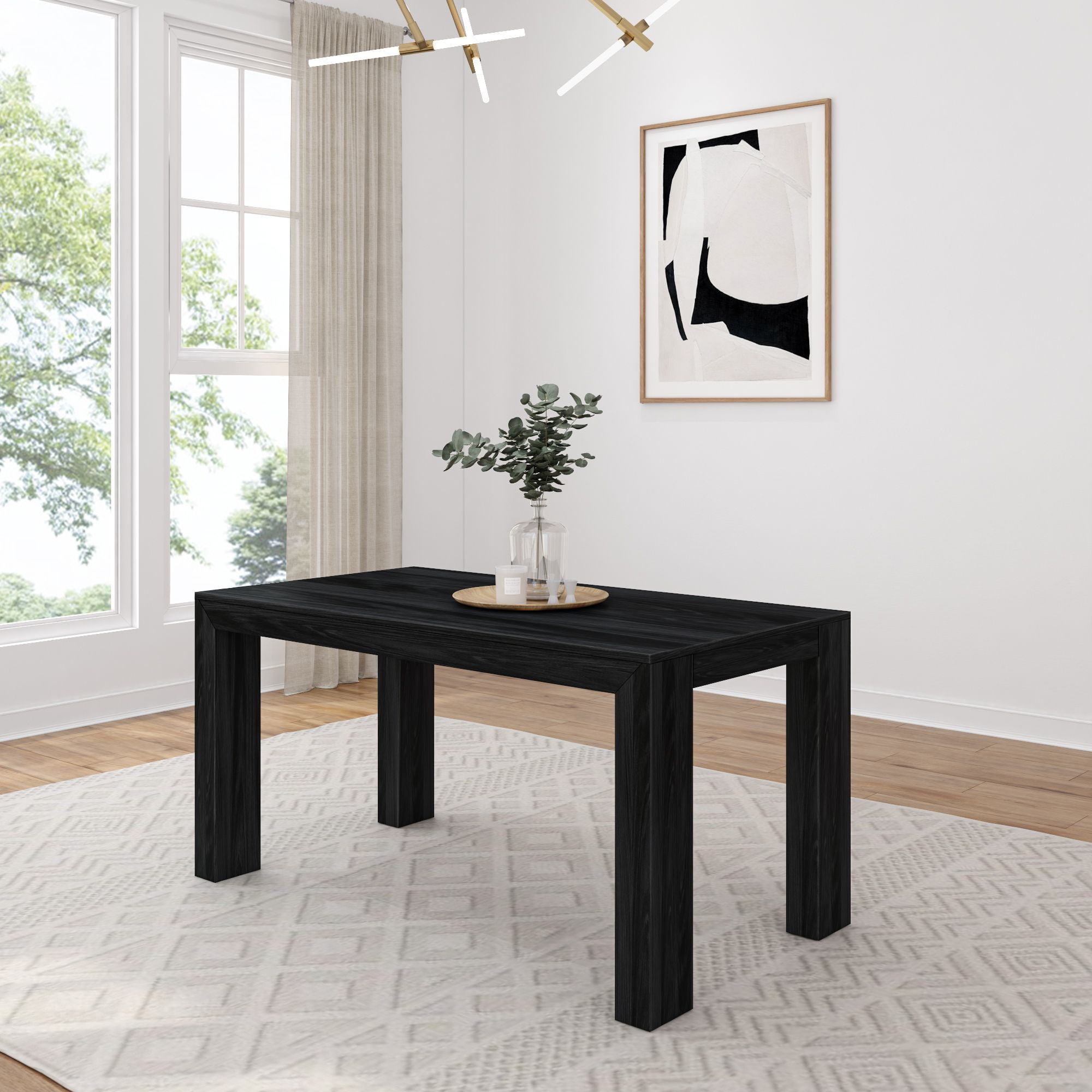 Modern Black Wirebrush Solid Pine Rectangular Dining Table for Four