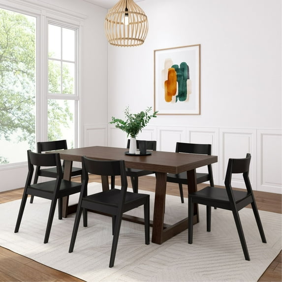 Plank+Beam 72" Classic Solid Wood Dining Table Set, Walnut Wirebrush, + 6 Chairs Black