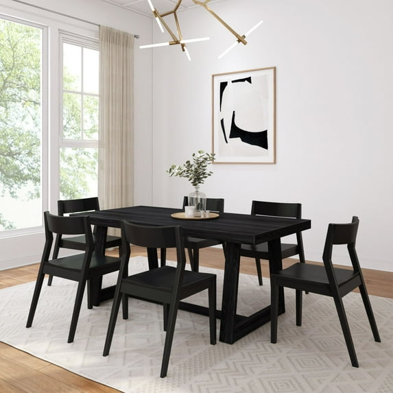 Plank+Beam 72" Classic Solid Wood Dining Table Set, Walnut Wirebrush, + 6 Chairs Black