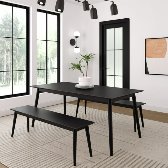 Plank+Beam 72" Mid-century Modern Solid Wood Dining Table Set with 2 Benches, Black