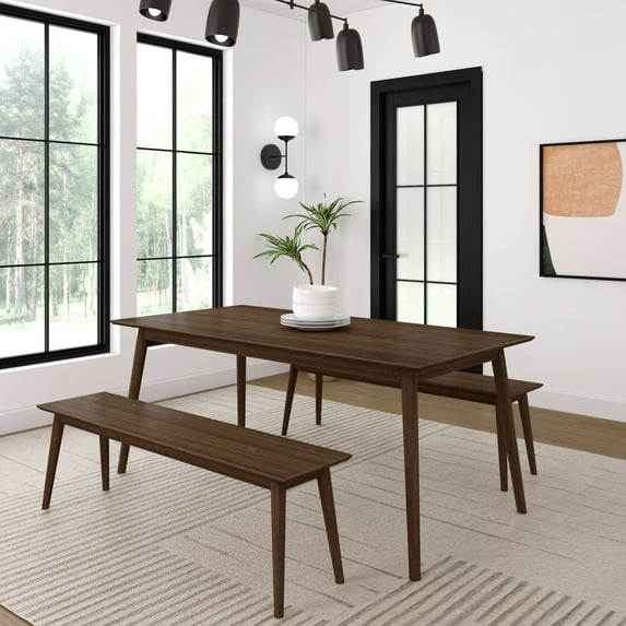 Plank+Beam 72" Mid-century Modern Solid Wood Dining Table Set with 2 Benches, Walnut