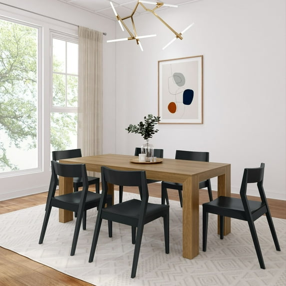 Plank+Beam 72" Modern Solid Wood Dining Table Set, Pecan Wirebrush, + 6 Chairs Black