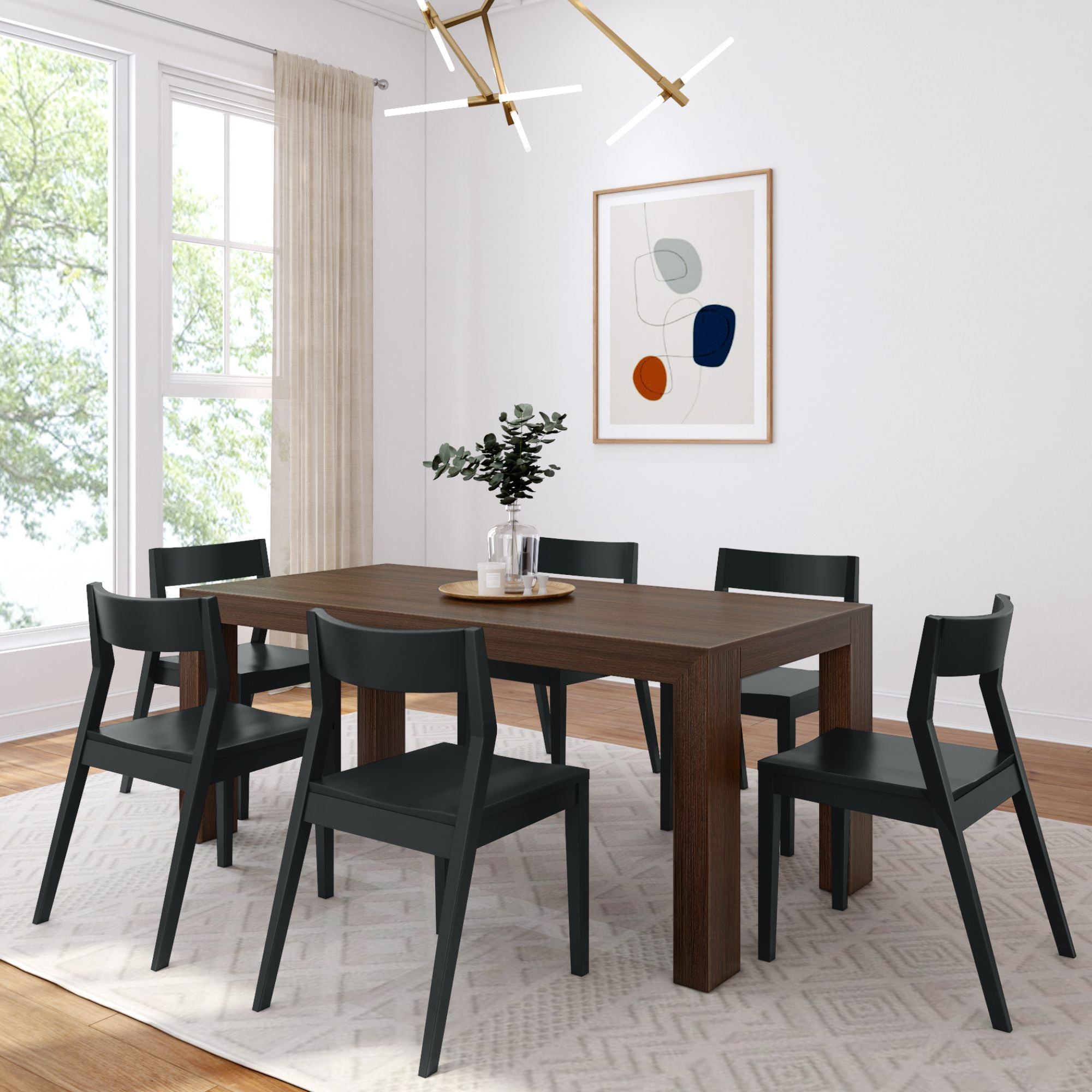 Walnut Wirebrush Solid Wood Dining Table Set with 6 Black Chairs