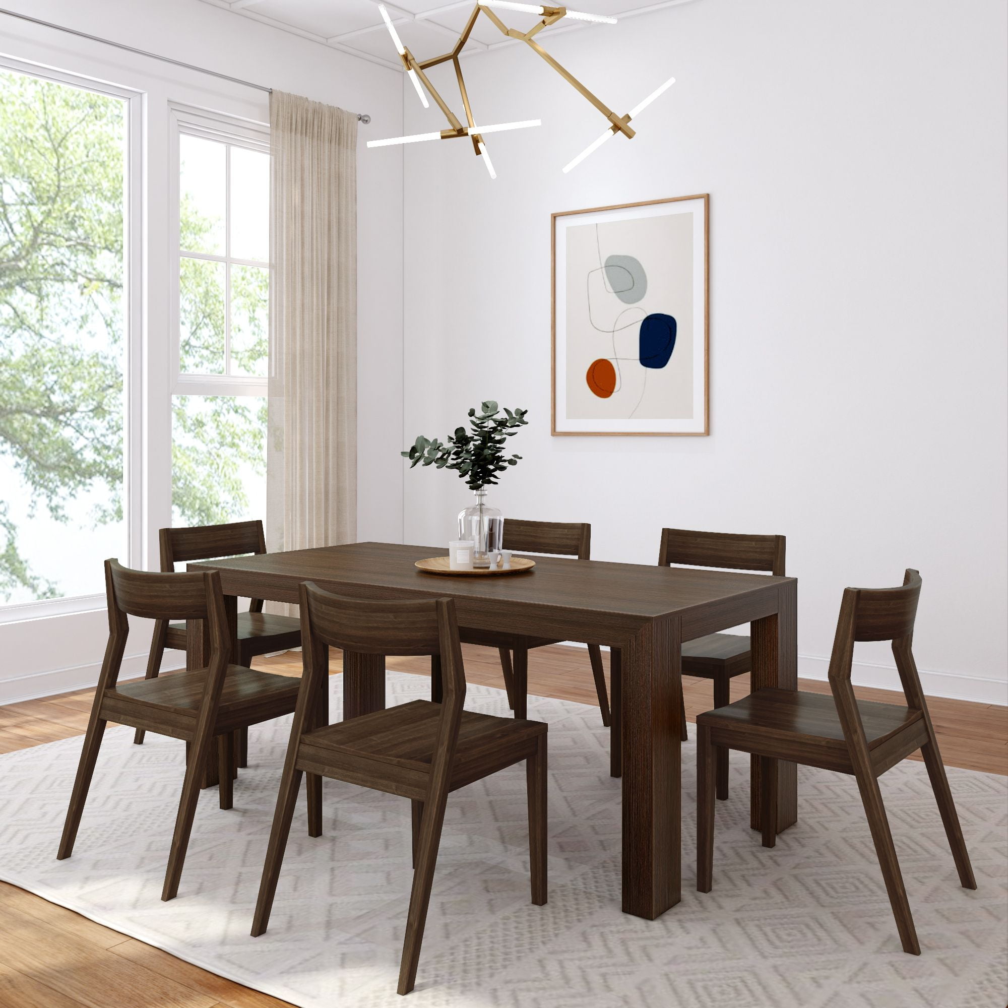 Walnut Wirebrush Solid Pine Rectangular Dining Table Set with 6 Chairs