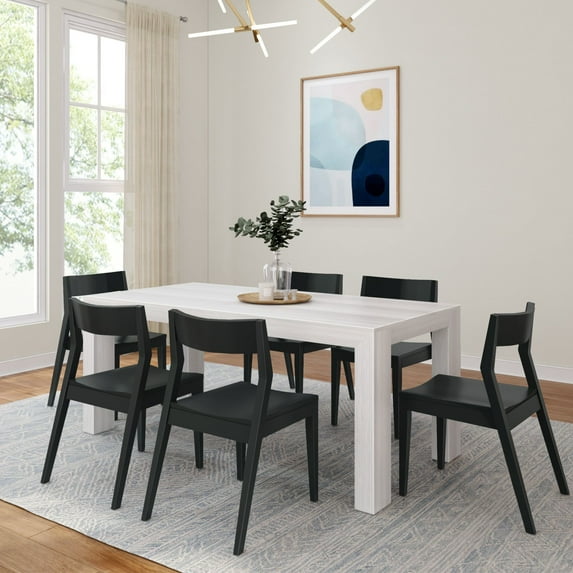 Plank+Beam 72" Modern Solid Wood Dining Table Set with 6 Chairs, White Wirebrush, Black