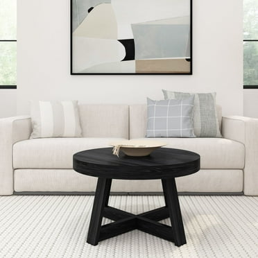 Plank Beam Classic Solid Wood Round Coffee Table, 30" Farmhouse Table for Living Room