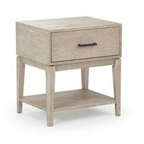 Plank Beam Solid Wood Nightstand with 1 Drawer, Contemporary Side Table for Bedroom, Seashell Wirebrush