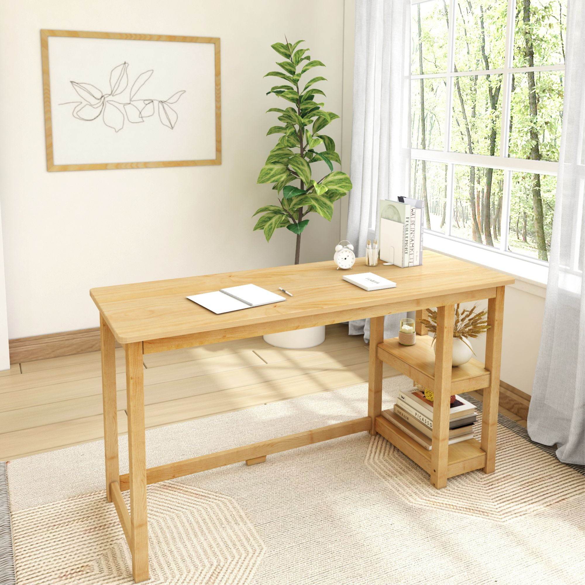 Natural Solid Wood Corner Computer Desk with Shelves