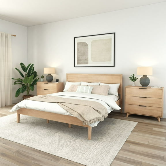 Plank+Beam Duo Solid Wood King Bed Frame with Panel Headboard , No Box Spring Needed, Blonde