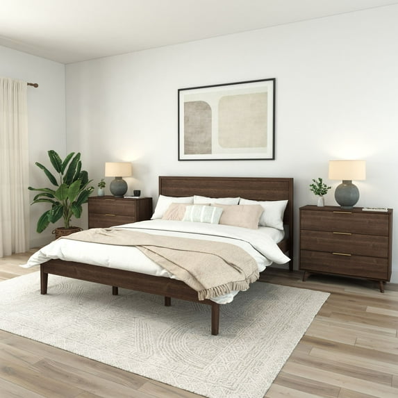 Plank+Beam Duo Solid Wood King Bed Frame with Panel Headboard , No Box Spring Needed, Walnut