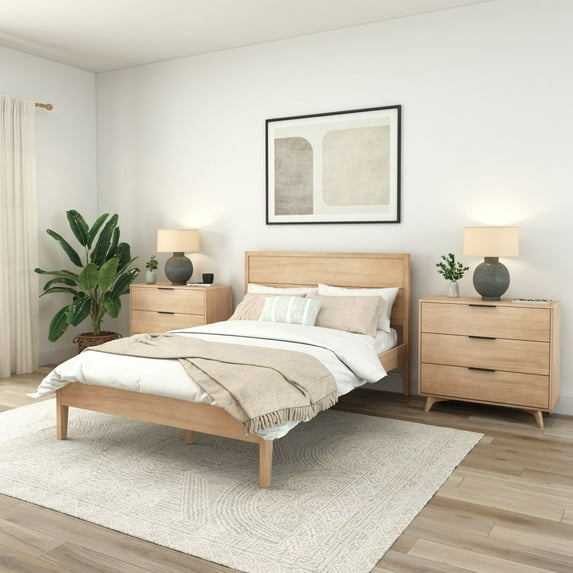 Plank+Beam Duo Solid Wood Queen Bed Frame with Panel Headboard , No Box Spring Needed, Blonde