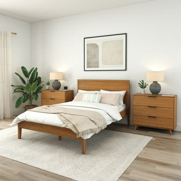Plank+Beam Duo Solid Wood Queen Bed Frame with Panel Headboard , No Box Spring Needed, Pecan
