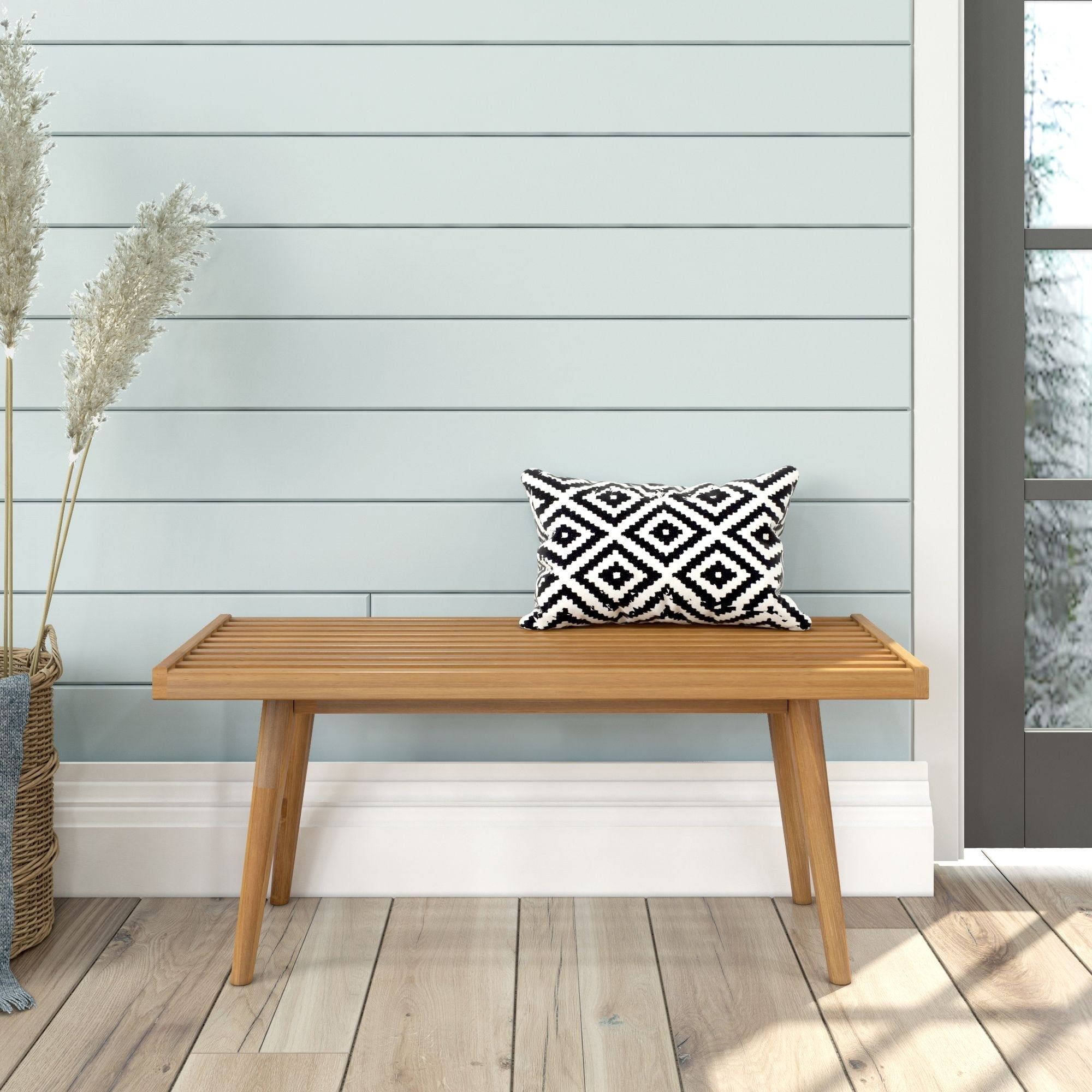 Mid-Century Pecan Solid Wood Entryway Bench with Slatted Design