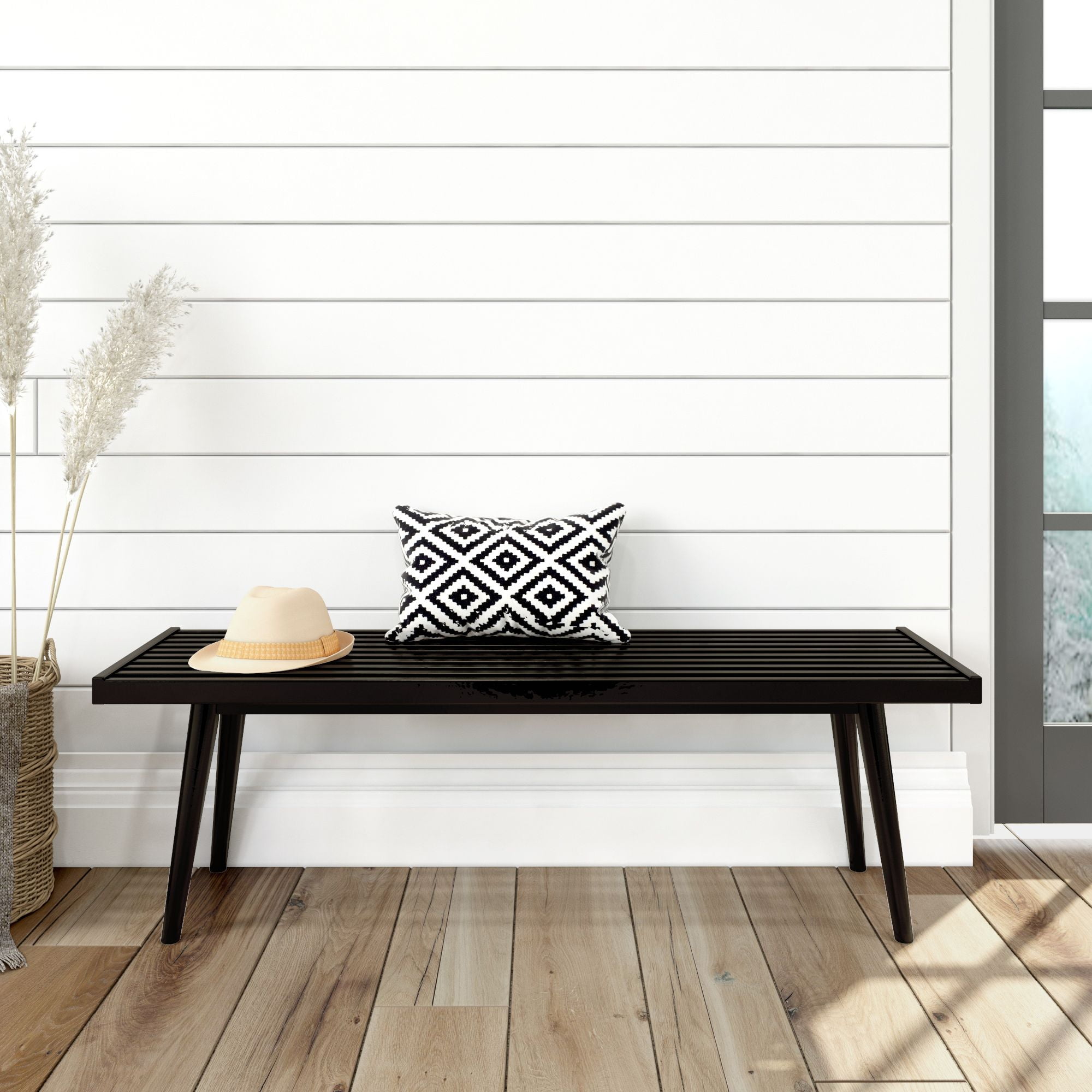 Black Pine and Birch Mid-Century Modern Entryway Bench