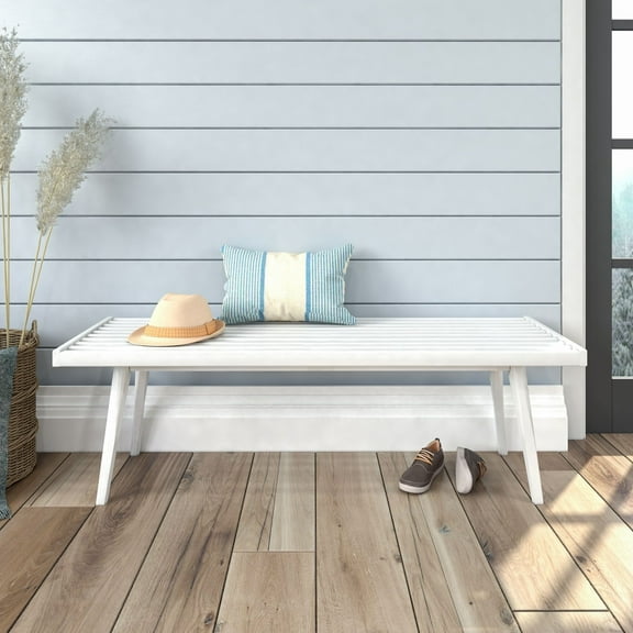 Plank Beam Entryway Bench, Wooden End of Bed Bench for Bedroom, Hallway, Porch, 56.25”, White