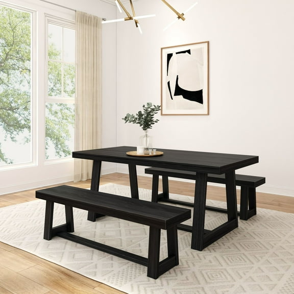 Plank+Beam Farmhouse Dining Table Set with 2 Benches, Table for Dining Room/Kitchen, Seats 6, 72", Black Wirebrush