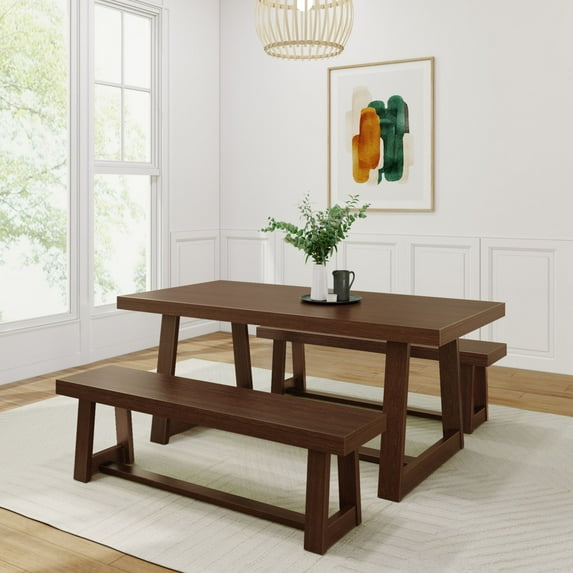 Plank+Beam Farmhouse Dining Table Set with 2 Benches, Table for Dining Room/Kitchen, Seats 6, 72", Walnut Wirebrush