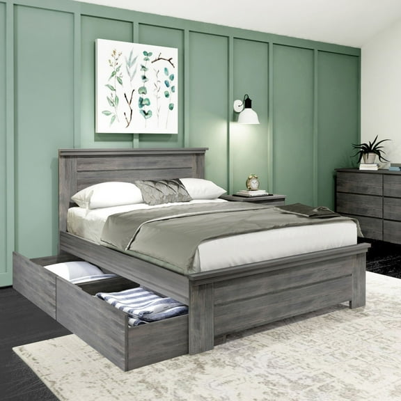 Plank+Beam Solid Wood Farmhouse Full Bed with Panel Headboard with Storage Drawers, Driftwood