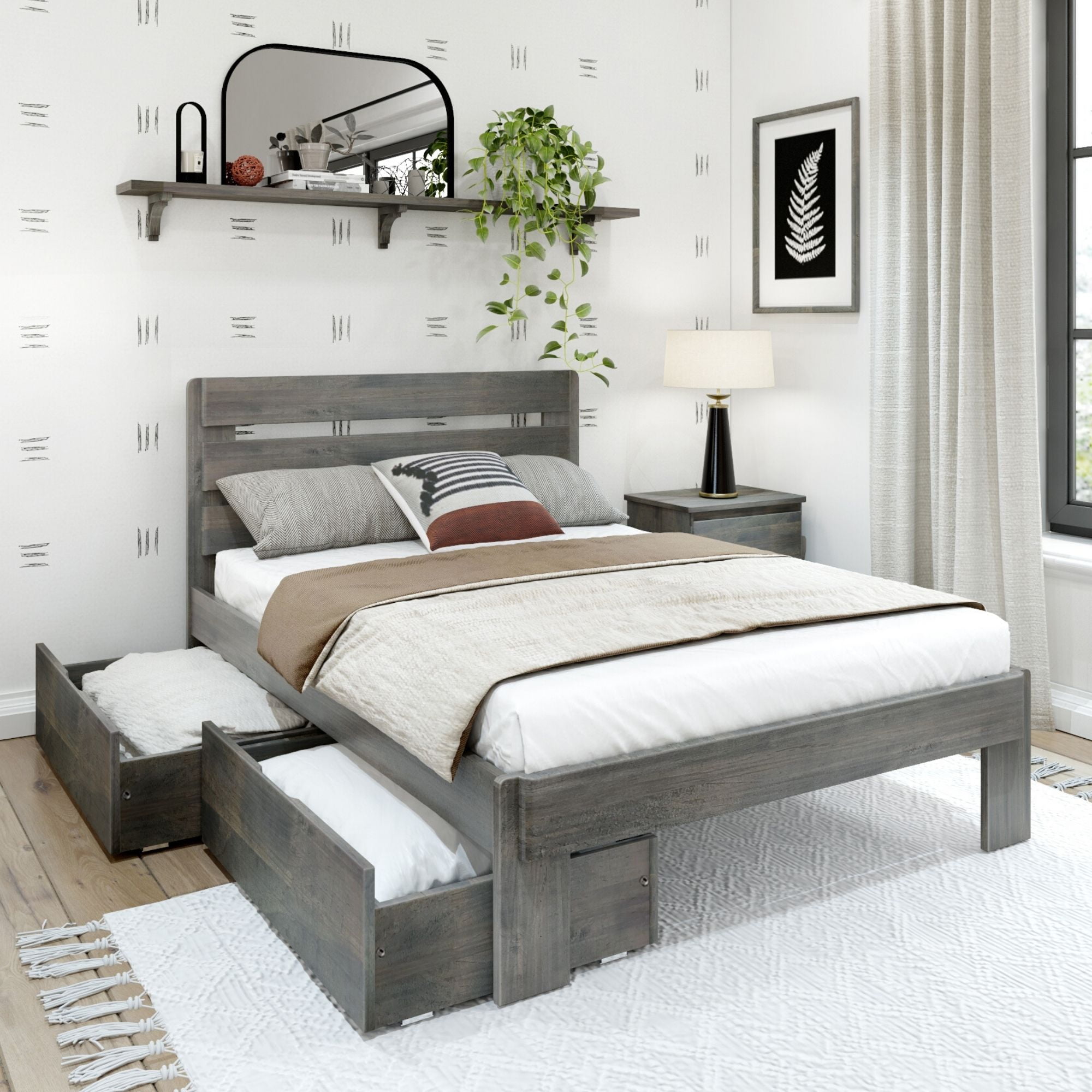 Driftwood Gray Pine Full Bed Frame with Headboard and Storage Drawers