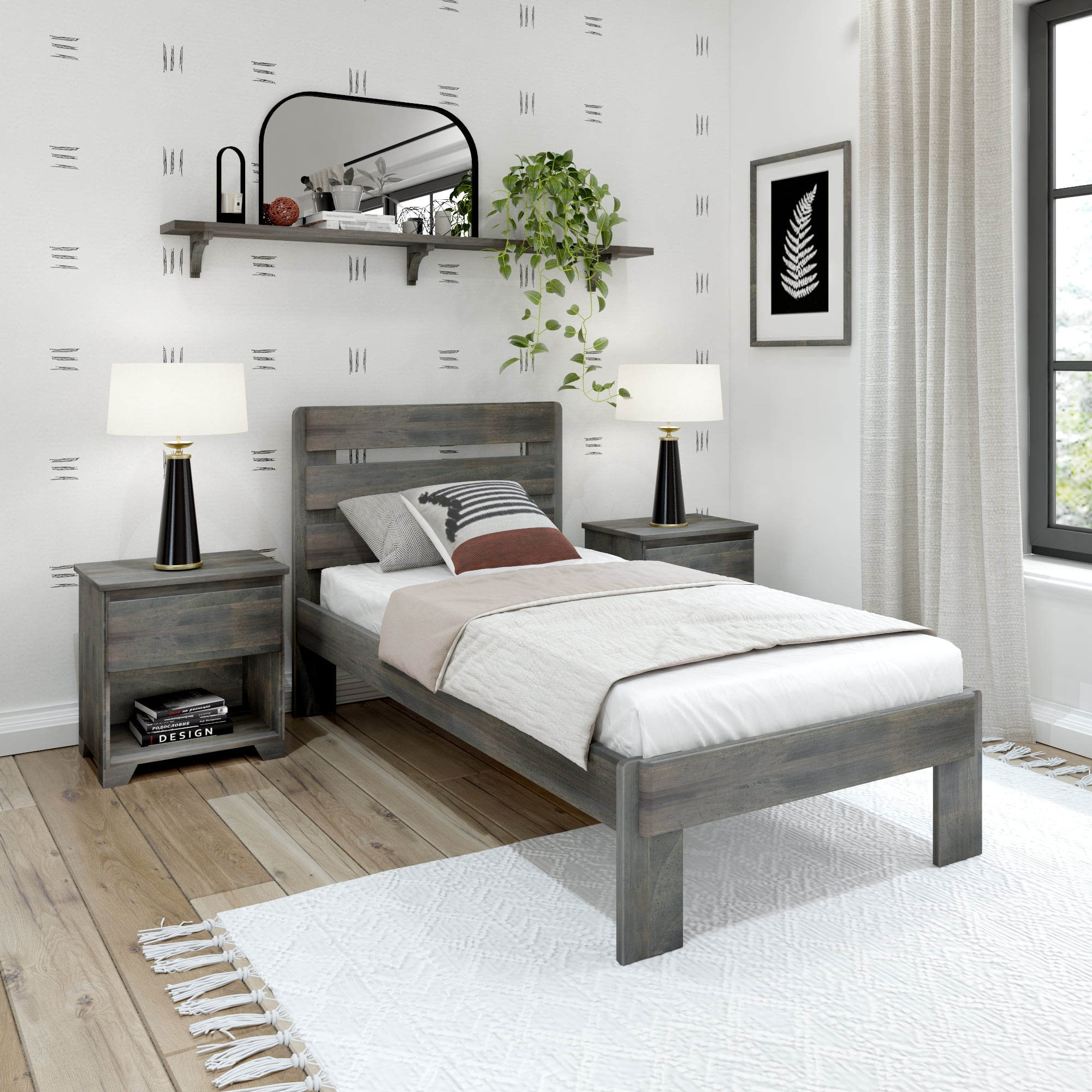 Driftwood Pine Twin Platform Bed with Slatted Headboard