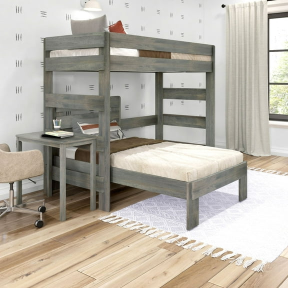 Plank Beam Solid Wood Farmhouse Twin over Twin L-Shaped Bunk Bed Bed with Desk, Driftwood