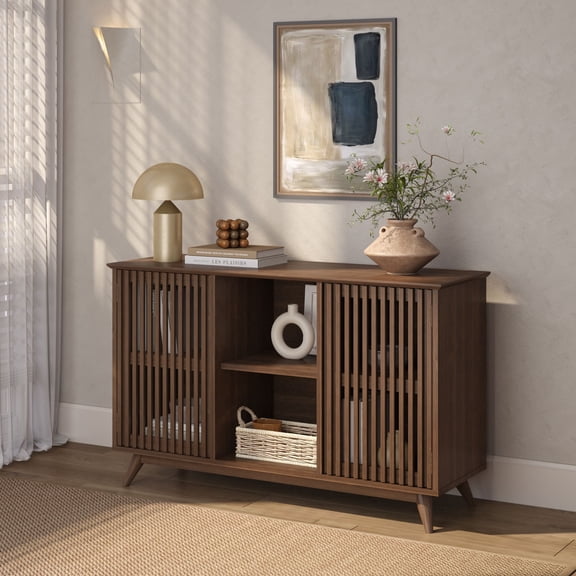 Plank+Beam Mid Century Modern Solid Wood Sideboard with 2 Doors, 49" TV Stand for Living Room, Walnut