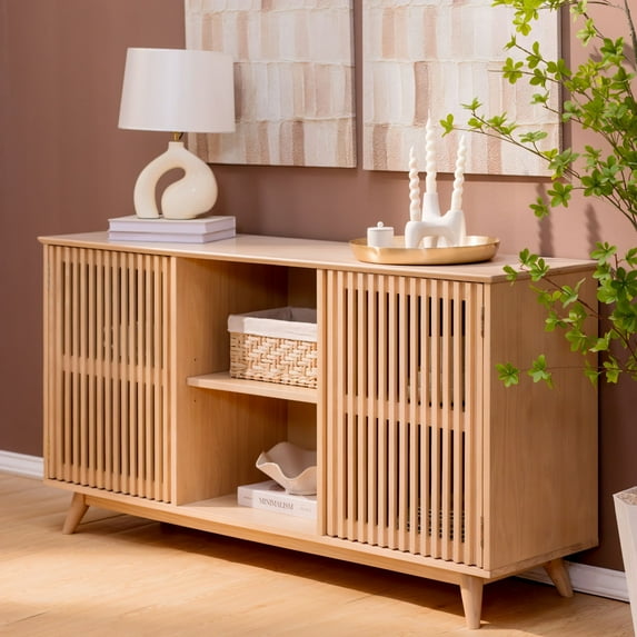 Plank+Beam Mid Century Modern Solid Wood Sideboard with 2 Doors and 6 Shelves, 59" TV Stand for Living Room, Blonde