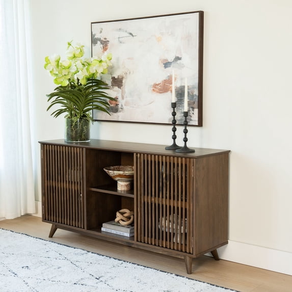 Plank+Beam Mid Century Modern Solid Wood Sideboard with 2 Doors and 6 Shelves, 59" TV Stand for Living Room, Walnut