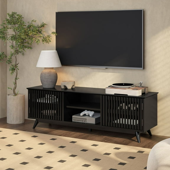 Plank+Beam Mid Century Modern Solid Wood TV Stand with 2 Doors, Black
