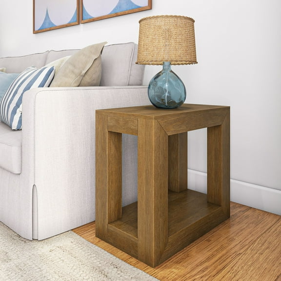 Plank Beam Modern Collection Indoor Contemporary Storage Wood Rectangle End Table, Pecan Wirebrush