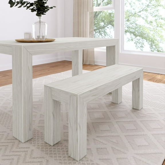 Plank Beam Modern Dining Bench, Solid Wood Bench for Dining Table, 49", White Sand Wirebrush