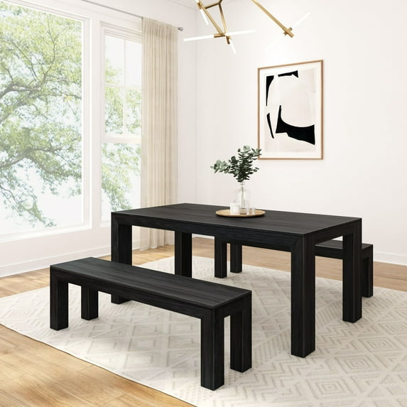 Plank+Beam Modern Dining Table Set with 2 Benches, Solid Wood Kitchen Table for Dining Room/Kitchen, Seats 6, 72", Black Wirebrush