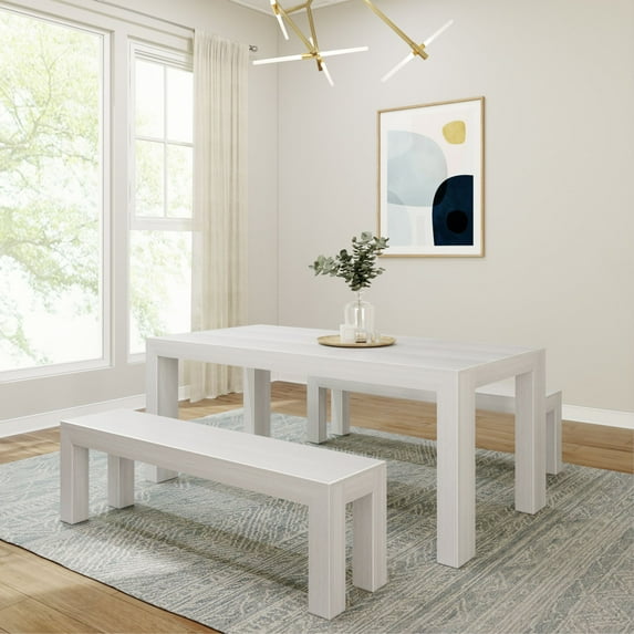 Plank+Beam Solid Wood Modern Dining Table Set with 2 Benches for 6, White
