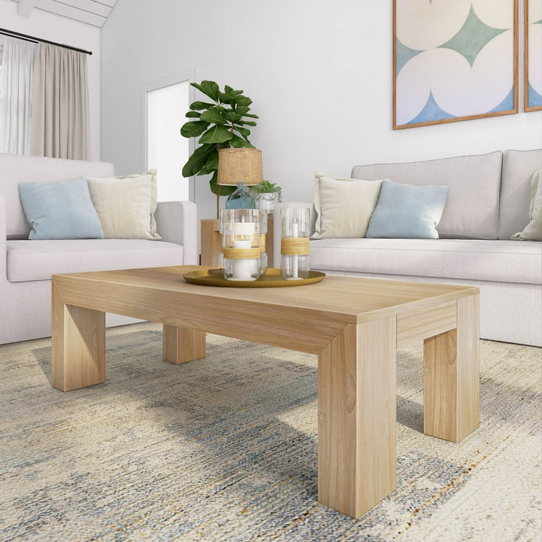 Plank Beam Solid Wood 48 Modern Coffee Table for Living Room Blonde Wirebrush