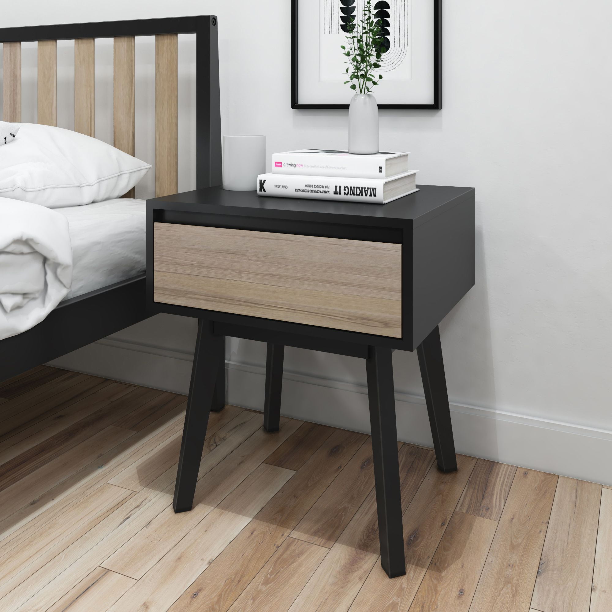 Modern Black and Blonde Solid Wood Nightstand with 1 Drawer