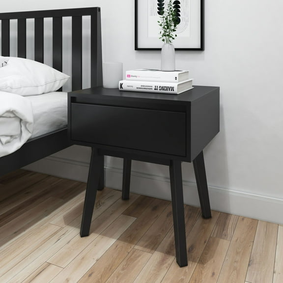 Plank Beam Solid Wood Nightstand with Storage Drawer, Modern Small End Table, Black