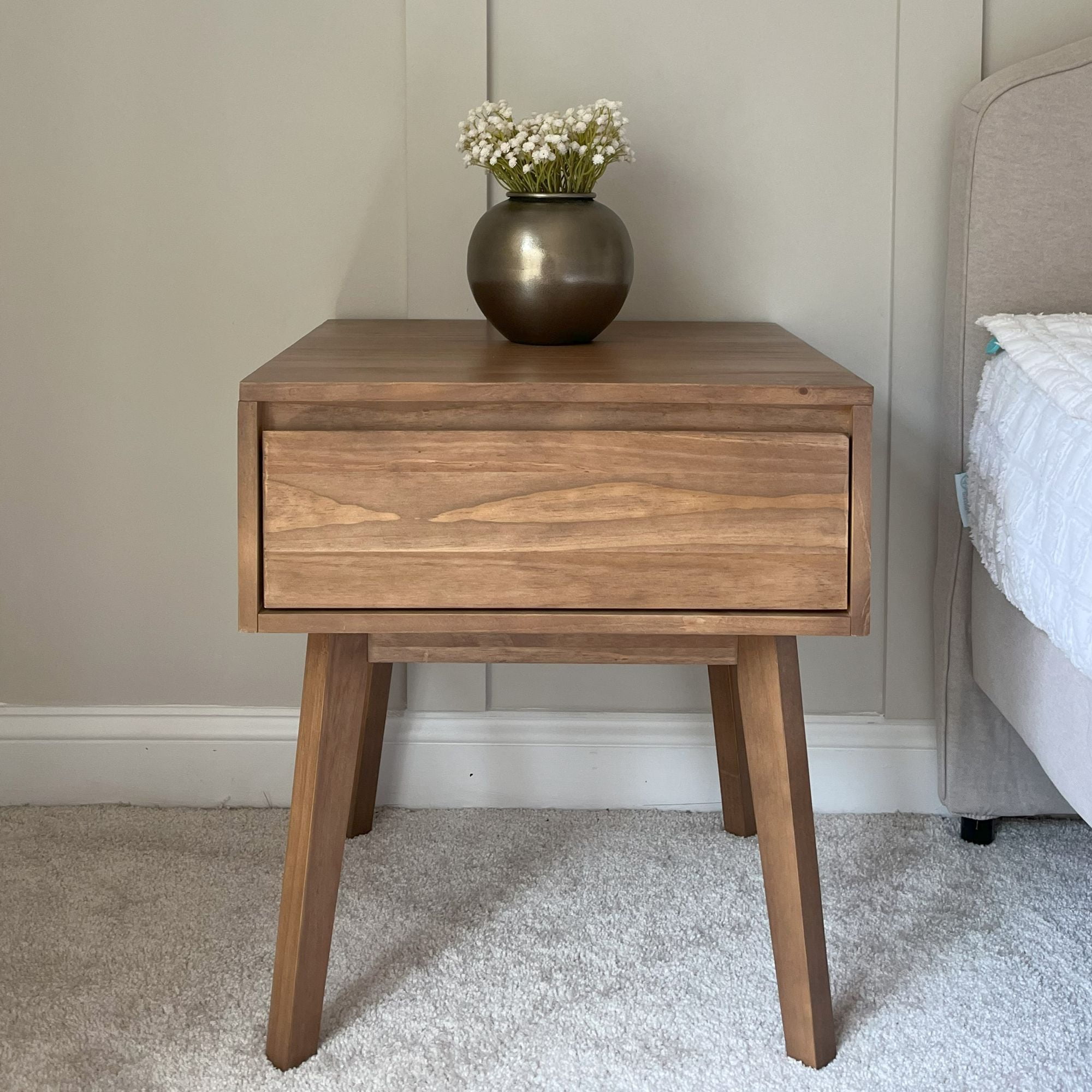 Plank+Beam Solid Wood Nightstand with Storage Drawer, Modern Small End Table, Pecan