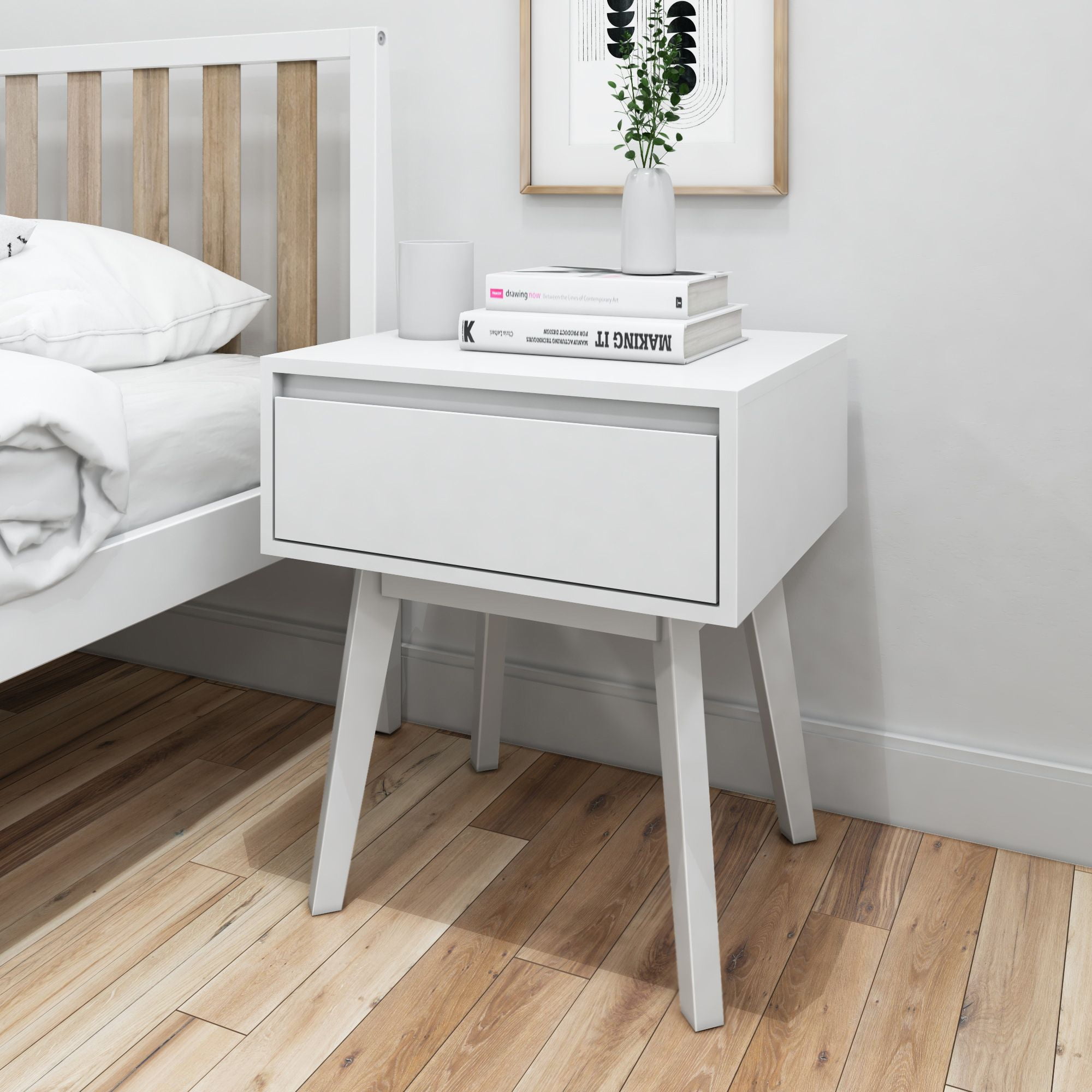 White Modern Solid Wood Nightstand with Storage Drawer