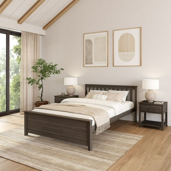 Plank+Beam Queen Bed Frame with Slatted Headboard, Classic Solid Wood Adults Platform Bed