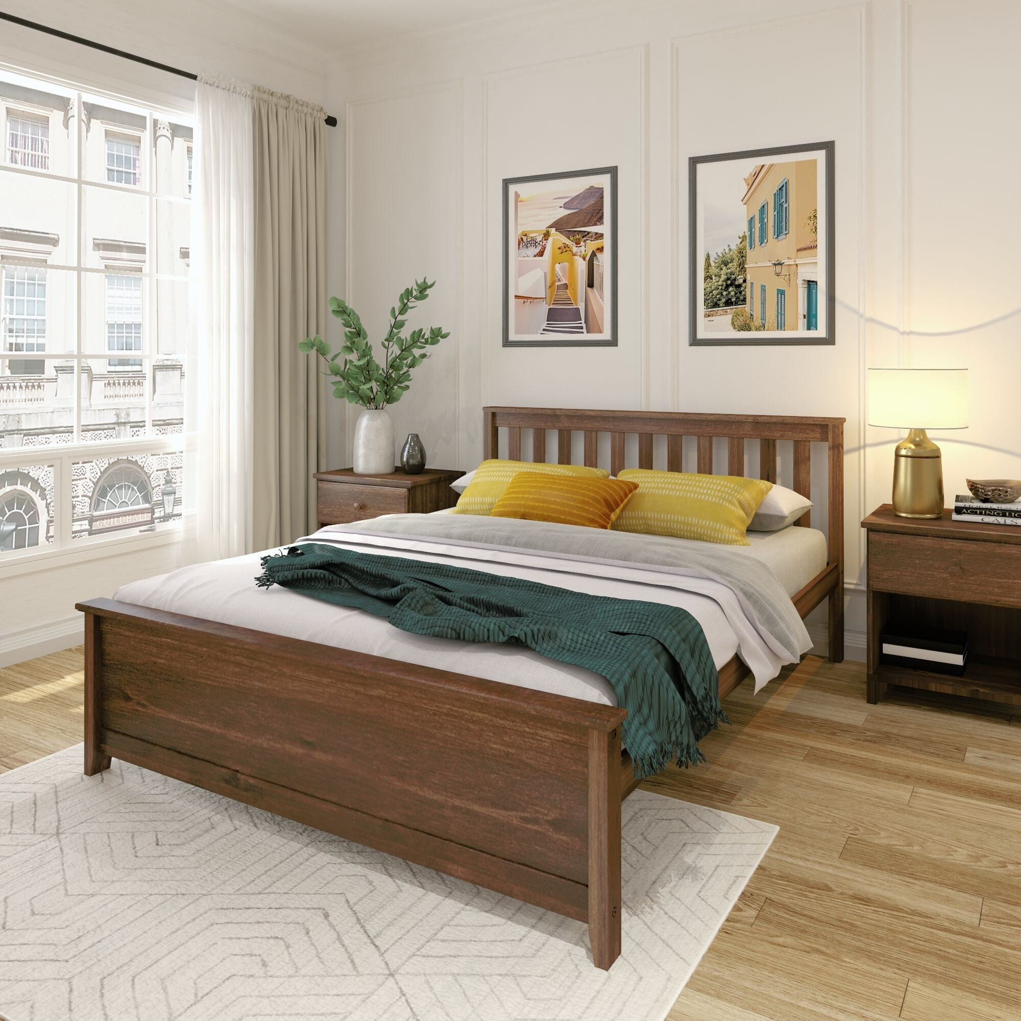 Walnut Pine Queen Bed Frame with Slatted Headboard