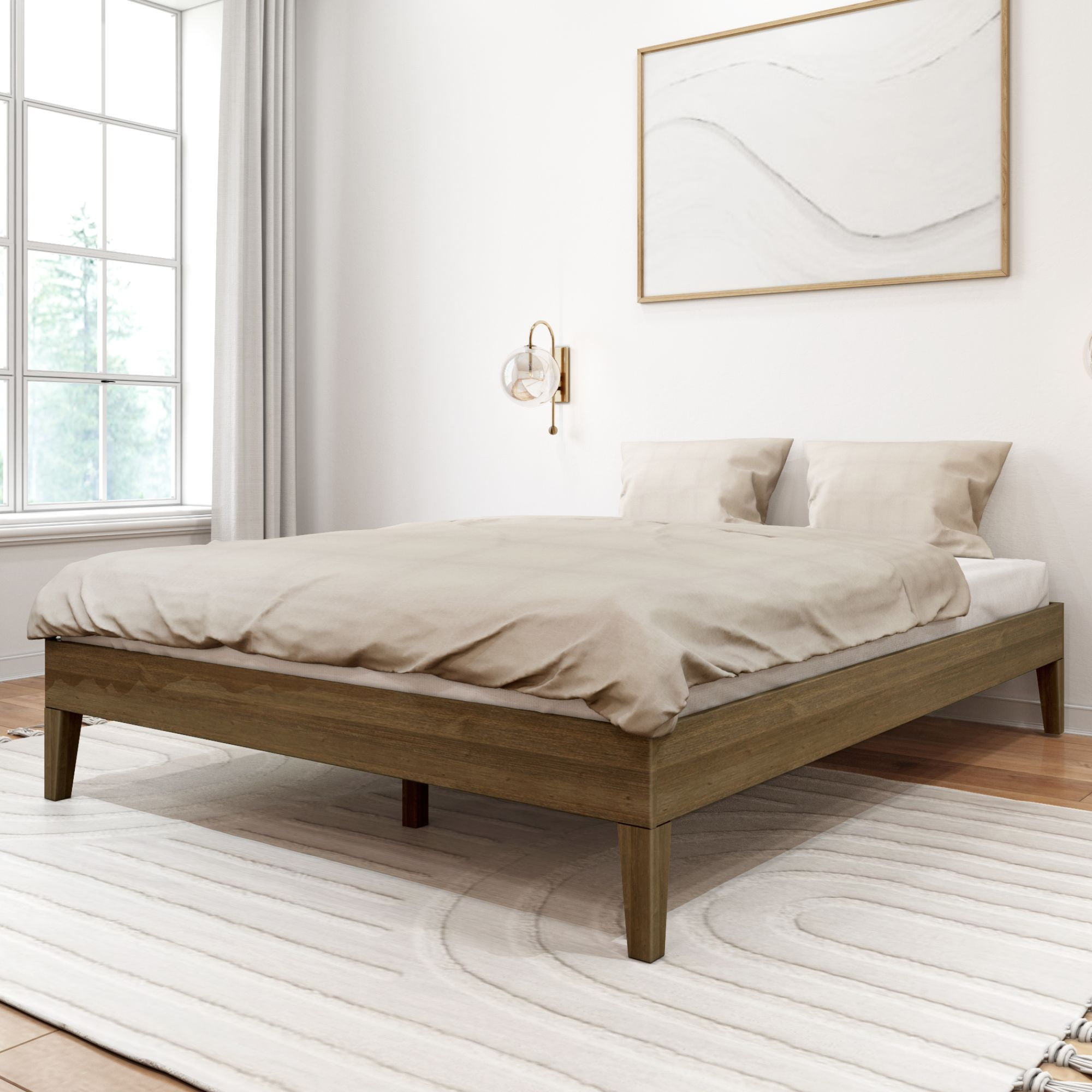 Plank Beam Solid Wood Queen Platform Bed Frame Matte Pecan