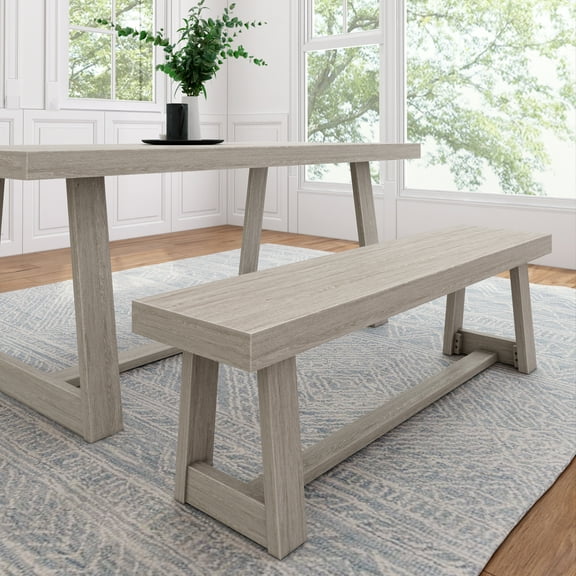 Plank Beam Rectangle Solid Wood Farmhouse Dining Bench with Angled Legs, Seashell Wirebrush